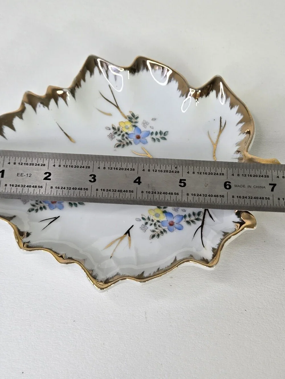 Vintage Porcelain Leaf Trinket Dish Floral Divided Candy Nut Tray Gold Trim Gilt